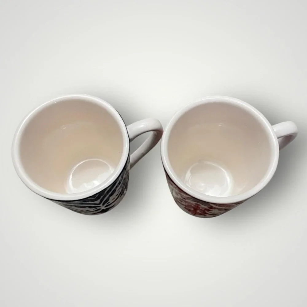 Sur La Table Mugs Set‎ of 2 Blue Red Damask Ironstone Espresso French Country